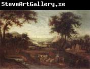 unknow artist An extensive river landscape with drovers and their animals